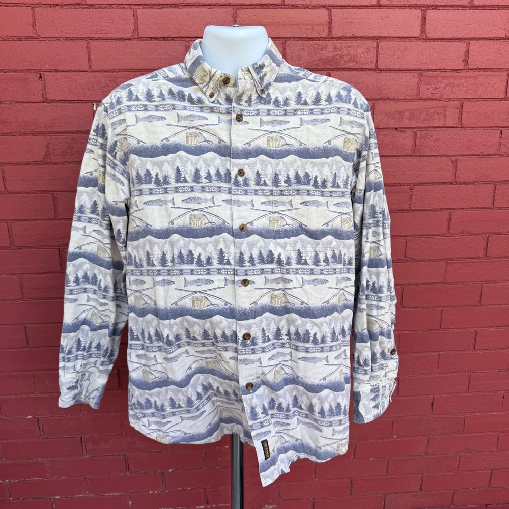 Woolrich Fly Fishing Trout Print Button Down Shirt Mens Size XL Cabin Gorpcore